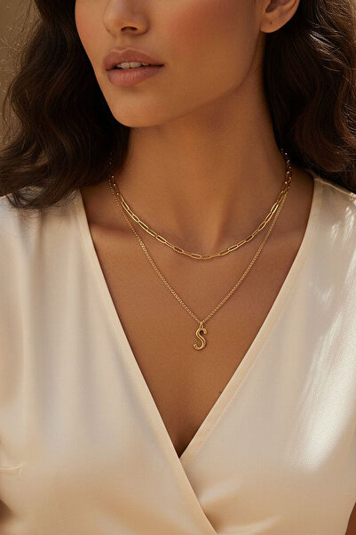Larius Jewelry Altın Kaplama İkili Zincir Harf Kolye , Kişiye Özel Hediye Kol...