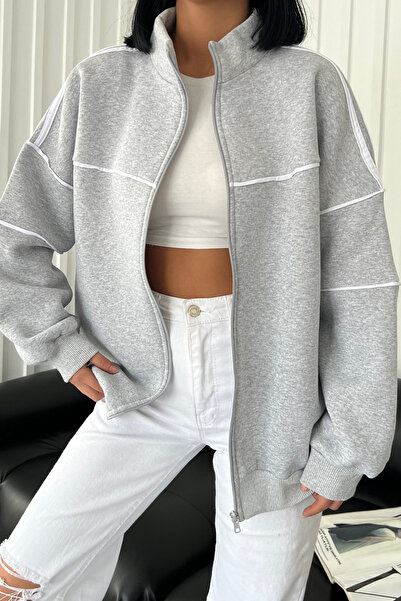 İlayda Toprak Γκρι χοντρό μπουφάν με 3 ρίγες και φερμουάρ, με βαμβακερή επένδυση