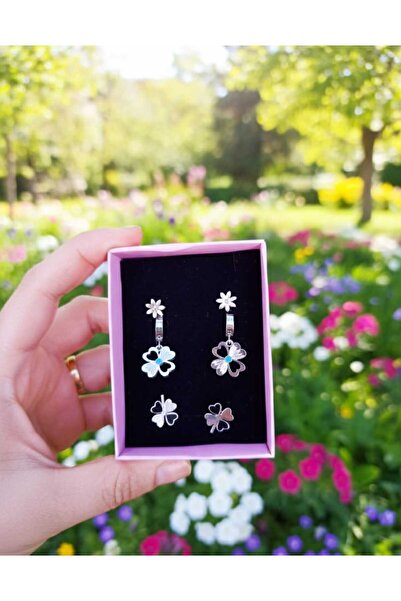 Glimz Jewelry Yonca Üçlü Çelik Küpe Seti