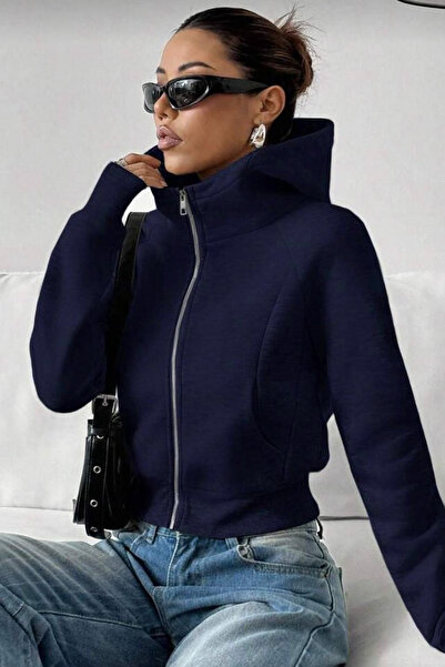İlayda Toprak Roxy Lacivert Crop Fermuarlı Uzun Kollu Hırka