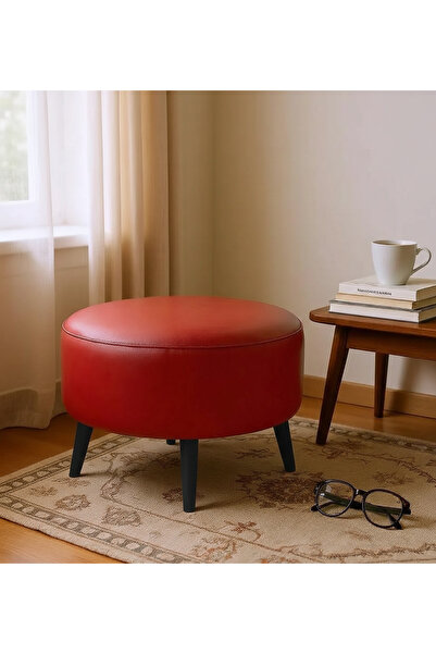 Suni Deri Puf Large - Siyah Ahşap Ayaklı - Retro Modern Tasarım - Dekoratif Sehpa