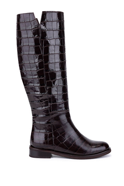 Tamer Tanca Kadın Hakiki Deri Kahverengi Kroko Düz Çizme