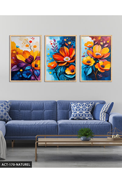 Evinemoda Flori vii și colorate, tablou înrămat pe lemn, 3 piese, ACT