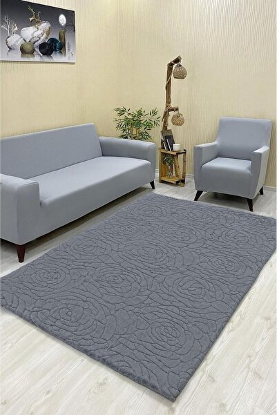 Şahaneev Tekstil Gül Model Welsoft Halı Örtüsü Koyu Gri Renk - 160 x 230