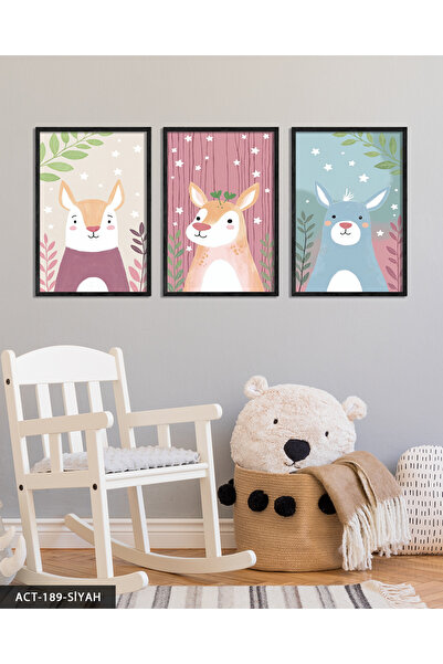 Evinemoda Slika u drvenom okviru sa životinjskim temama za dečiju sobu, 3 dela