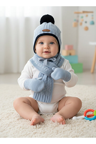 Kitti 0-18 Aylık Erkek Bebek Polarlı Atkı Bere Eldiven-Açık Mavi