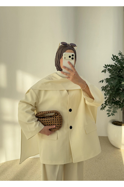 MODA AKSA 6003 Fularlı blazer ceket takım soft ekru