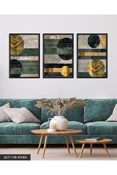 Evinemoda Минималистична златна абстрактна картина с 3 части в дървена рамка ACT