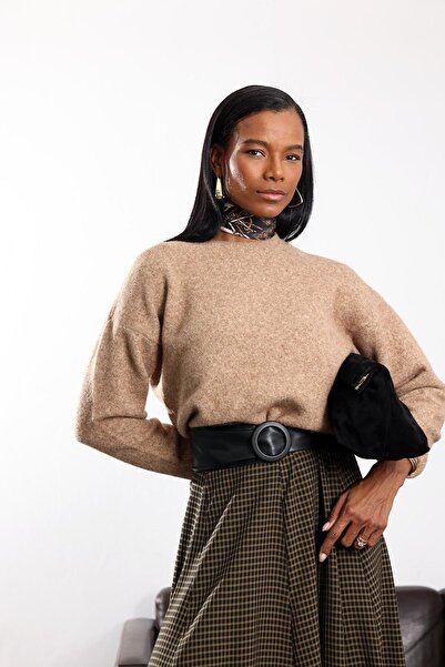 5in1Canpolat Camel Crew Neck Soft Textured Knitwear 251297