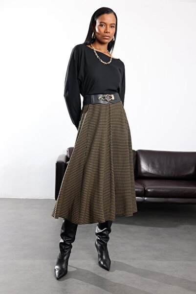 5in1Canpolat تنورة ميدي كاكي مربعات 1279