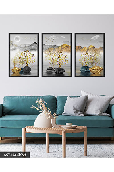 Evinemoda Gold Ağaçlar ve Dağlar 3 Parça Ahşap Çerçeveli Tablo ACT
