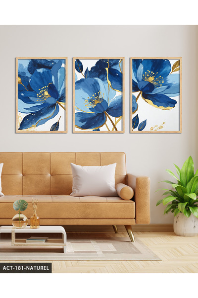 Evinemoda Pictură în acuarelă cu aspect auriu, floare albastră, 3 piese, înră...