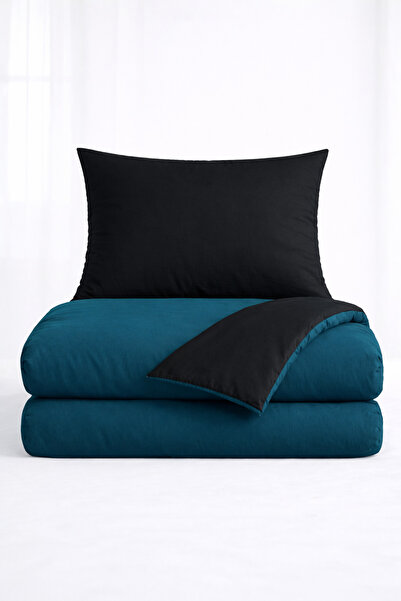 İQON Flat Duvet Cover+Pillowcase Set 100% Cotton Single Size Petrol-Black