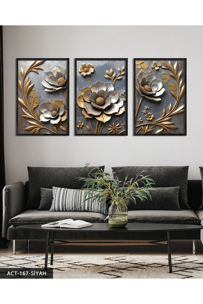 Evinemoda Gold Yapraklı Gümüş Çiçek 3 Parça Ahşap Çerçeveli Tablo ACT