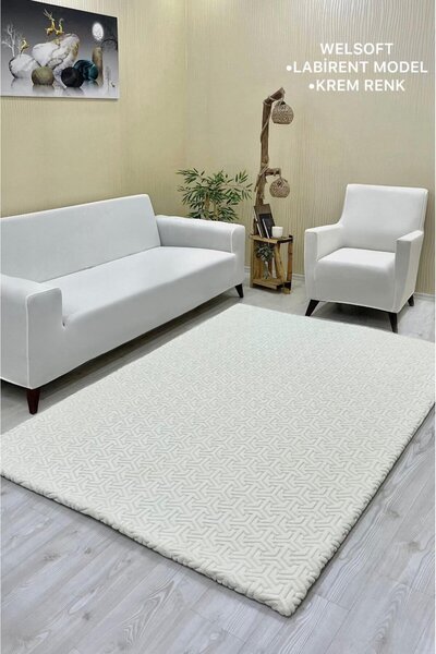 Şahaneev Tekstil Labirent Model Welsoft Halı Örtüsü Krem Renk