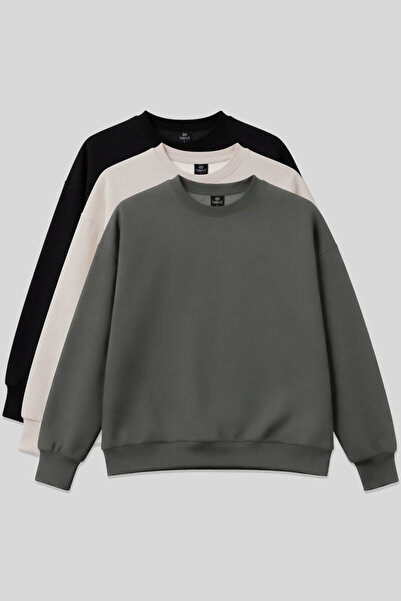 TOMMY LIFE Basic Oversized O Neck 3 Pack Black-Khaki-Beige Women's Sweatshirt...
