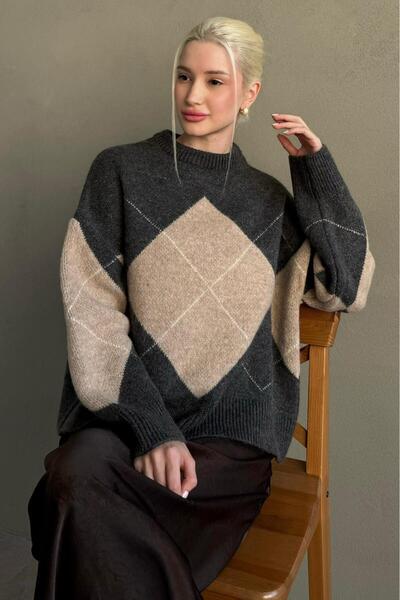 Madmext Anthracite Diamond Patterned Crew Neck Knitwear Women's Sweater Mg2644