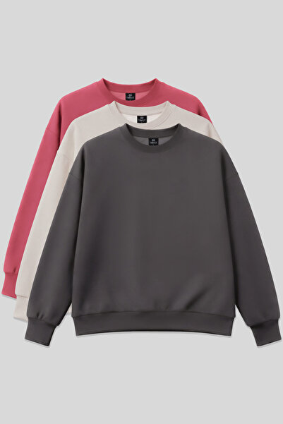 TOMMY LIFE Basic Oversized O Neck 3-Pack Dark Gray-Beige-Wild Rose Women's Sw...