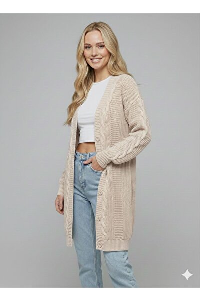 FAVORİST Women's Beige Buttoned Cotton Knit Detailed Long Knitwear Cardigan