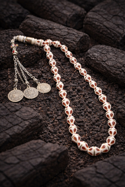 OSMANLI GÜMÜŞ Oval Orange Camel Bone Rosary with Aleppo Tassels, Complete Bar...
