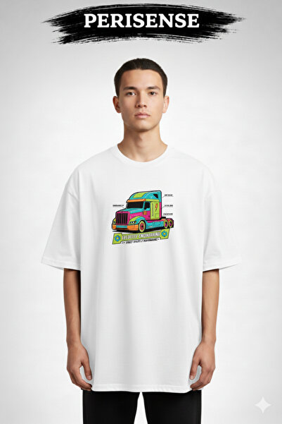 PERISENSE Unisex Truck Blueprint Printed Premium Combed Cotton Oversized T-Shirt
