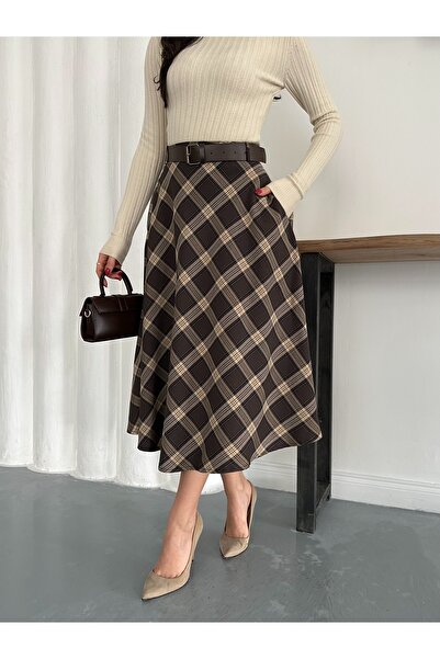AYKA WEAR Plaid Pattern Baklava Model 2-Pocket Belted Skirt