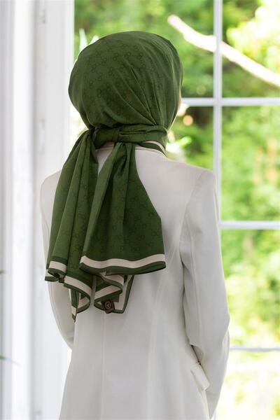 Vissona LÜKS MEDİNE İPEĞİ MONOGRAM DESENLİ HAKİ RENKLİ 75X195 KIRIŞMAZ ŞAL MO...