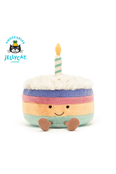 Jellycat دمية فرو على شكل كعكة عيد ميلاد بألوان قوس قزح، هدية رائعة للأطفال