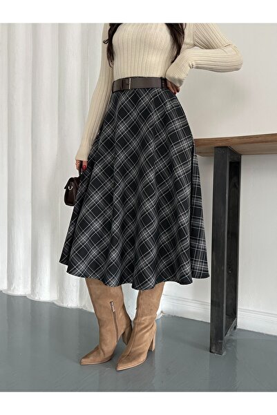 AYKA WEAR Ekose Desen Baklava Model 2'Cepli Kemerli Etek