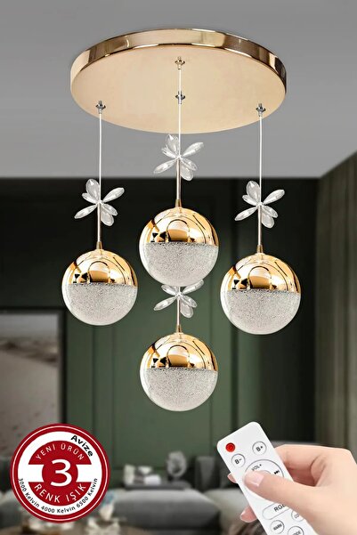 Akgül 4 Toplu Gold Lüks 3 Renk Ledli Kumandalı Avize