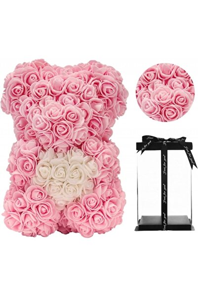 OEM Teddy Bear Made of Foam Roses, Pink with White Heart, 20cm, Handmade