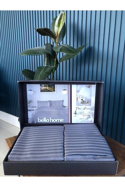 Bella Home Double Striped Satin Duvet Cover Set - Luxury Boxed Anthracite