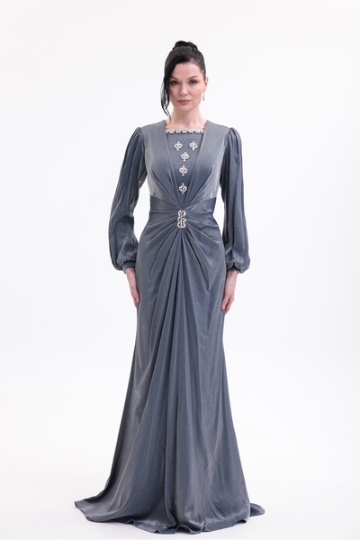 BDM Exclusive Taş Detaylı Drape Gövdeli Uzun Kollu Premium Abiye Elbise