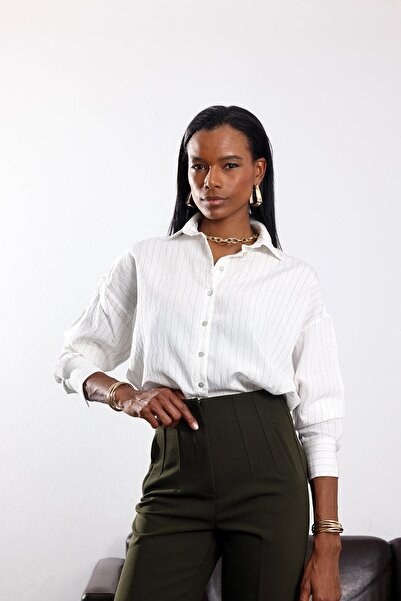 5in1Canpolat Brown Draped Striped Shirt 17013