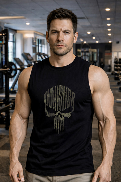 BESSA Black Camo Punisher Printed Sportsman Tank Top Crew Neck Cotton Sleevel...