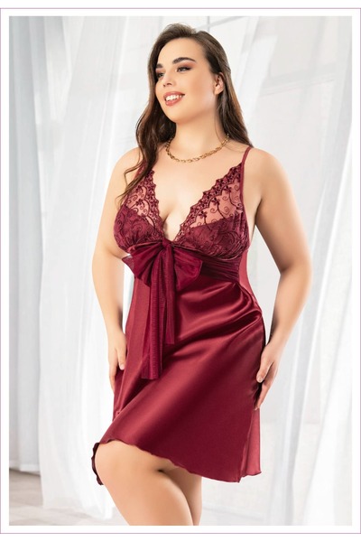 Dynamic Saten Dantelli Arkası Dekolte Büyük Beden Gecelik-4045