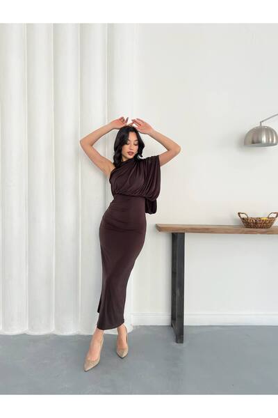 AYKA WEAR Drapeli Dik Yaka Zarif Sandy Uzun Elbise Yeni Sezon