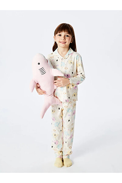LC Waikiki Σετ πιτζάμες για κορίτσια LCW Kids Ecru Shirt Collar με τύπωμα