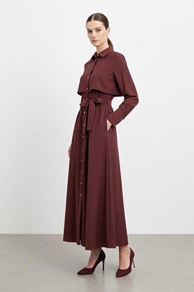 Soul Women's Shirt Collar Buttoned Waist Tied Long Dress-32454 - Burgundy