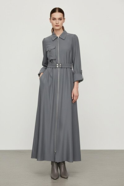 Puane Women's Zippered Shirt Collar Waist Belted Long Dress-12667 - Antracite