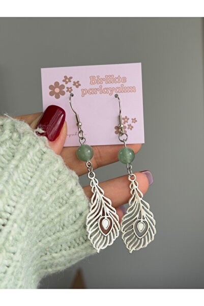 WhimsyWhite Silver Color Earrings with Aventurine Natural Stone Feather Motif...