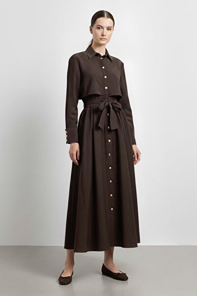 Soul Women's Shirt Collar Buttoned Waist Tied Long Dress-32454 - Brown