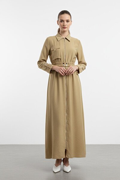Puane Women's Zippered Shirt Collar Waist Belted Long Dress-12667 - Olive