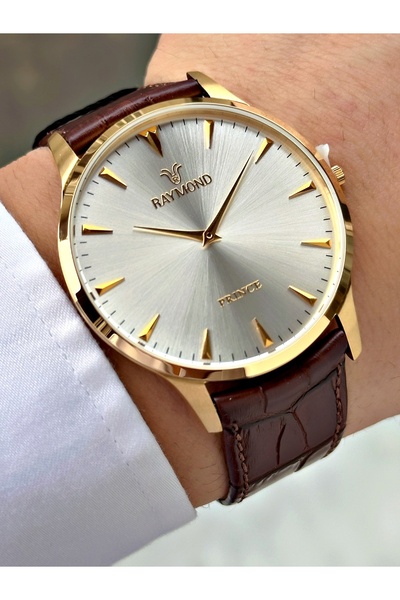 Raymond Brown Gold Color 5 Atm Water Resistant Slim Steel Case Men's Wristwat...