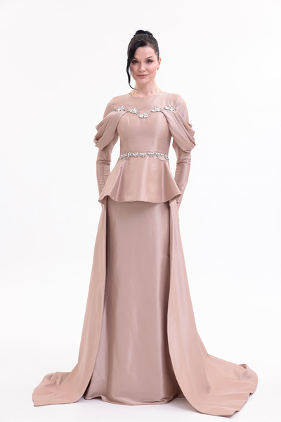 BDM Exclusive Tafta Taş İşlemeli Drape Kollu Peplum Premium Abiye Elbise