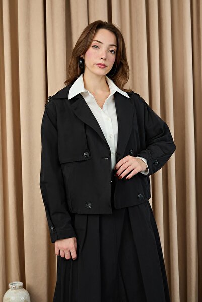 Loreen Women's Epaulet Short Trench Coat - 20701Ckt - Black