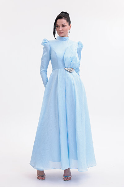 Chiffon Flower Detailed Stone Belted Long Sleeve Evening Dress