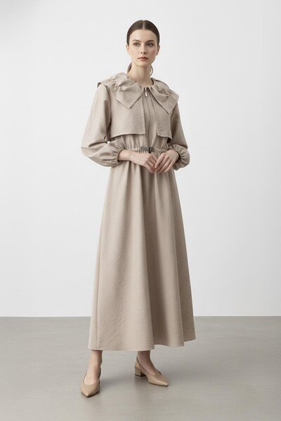 Soul Women's Zippered Waist Belted Long Dress-32451 - Stone