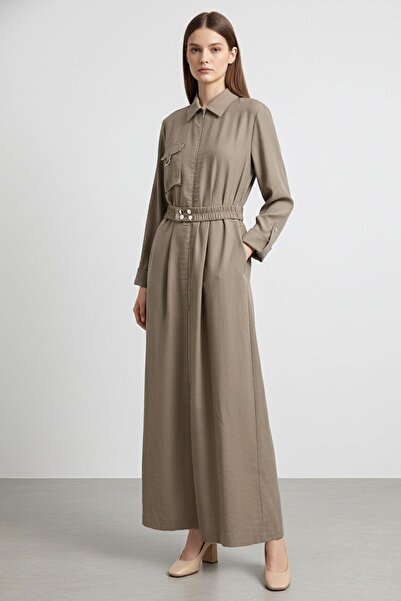 Puane Women's Zippered Shirt Collar Waist Belted Long Dress-12667 - Mink