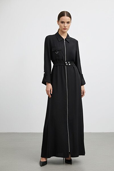 Puane Women's Zippered Shirt Collar Waist Belted Long Dress-12667 - Black